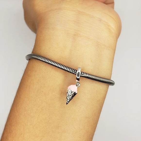 Kawaii Ice Cream Cone Dangle Charm for Bracelet Pink Sterling Silver 925 Novelty - Picture 4 of 4
